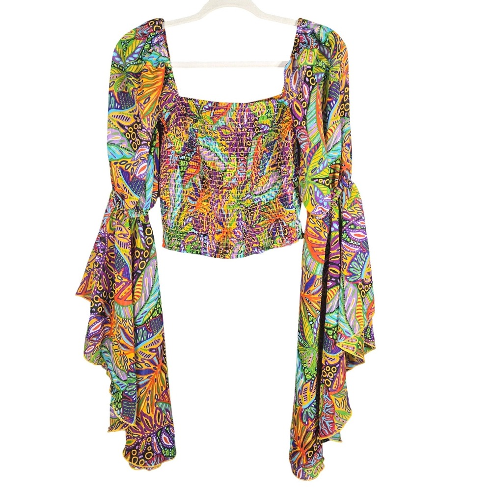 Live 4 Truth Smocked Crop Top S Psychedelic Festival Flare Sleeve Boho Y2K Rave